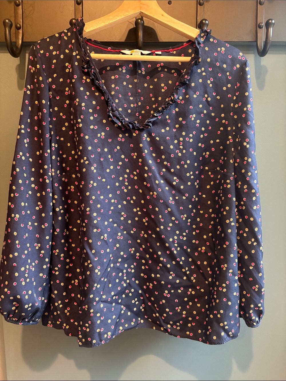 Boden Women’s Navy Ruffle Neck Long-Sleeve Top with Red & Gold Dot Print US 14